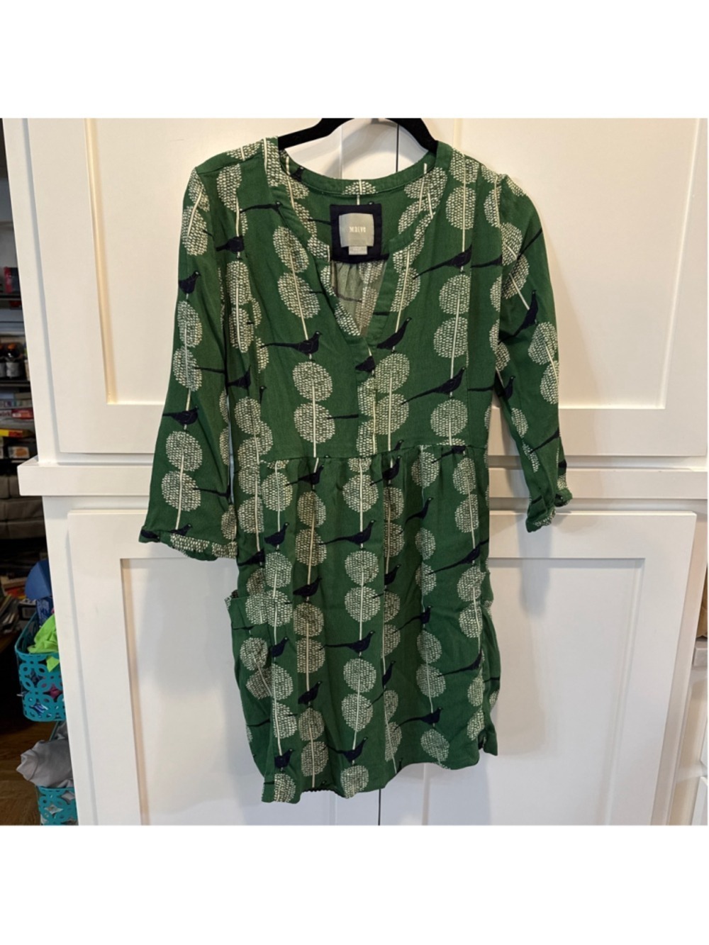 Maeve Anthropologie Green Pheasant Bird Print Dress Pockets Navy Gold S HTF - Picture 15 of 15